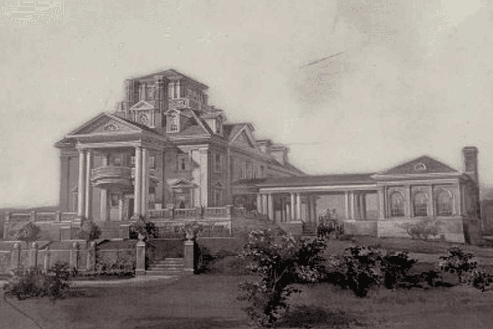 A detailed black and white illustration of a grand, multi-storied mansion with ornate architectural features.